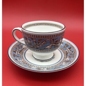 Vintage Wedgwood Turquoise Blue Florentine Tea Cup & Saucer Leigh Shape